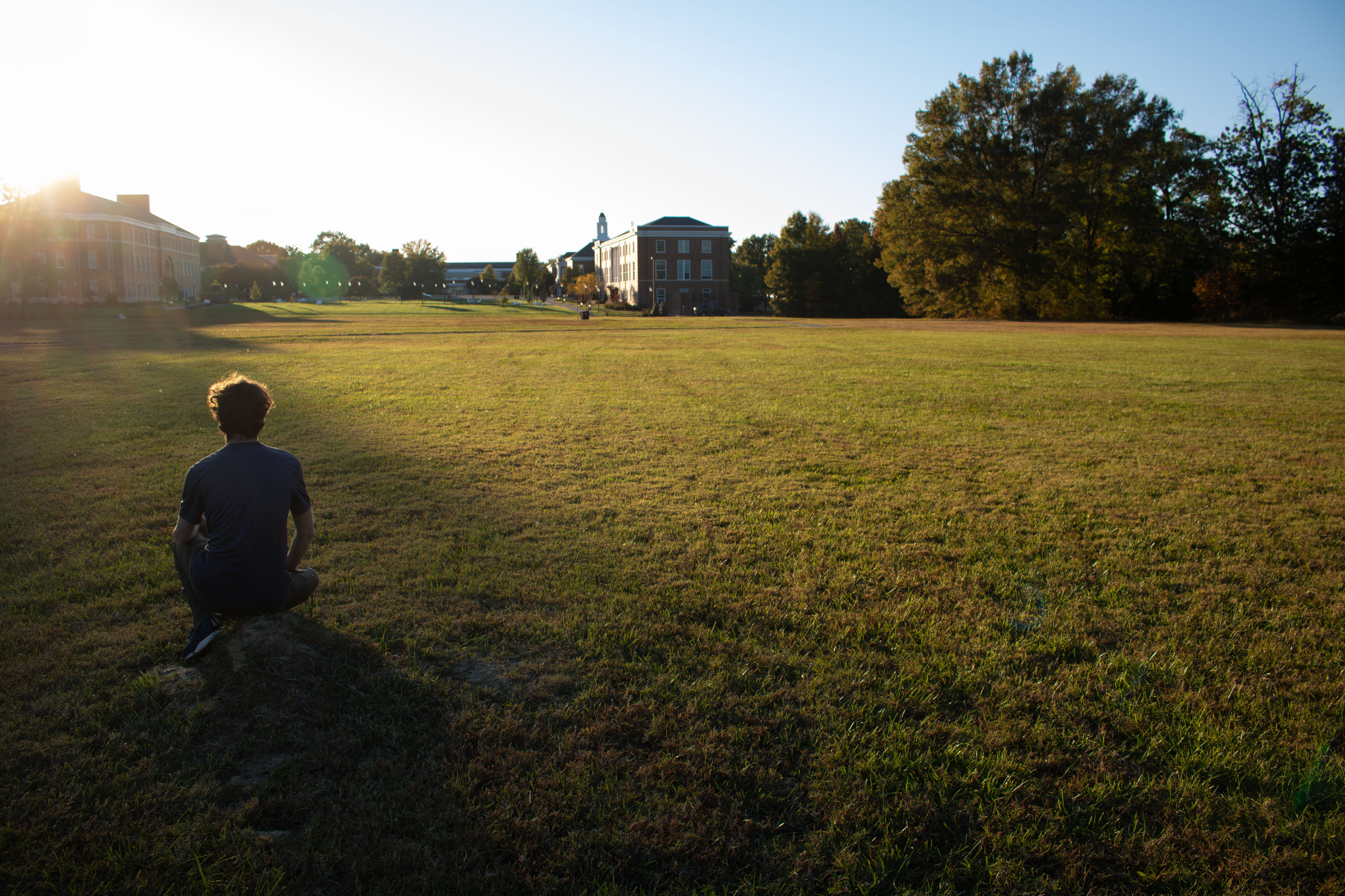 Person watching sunset on campus
